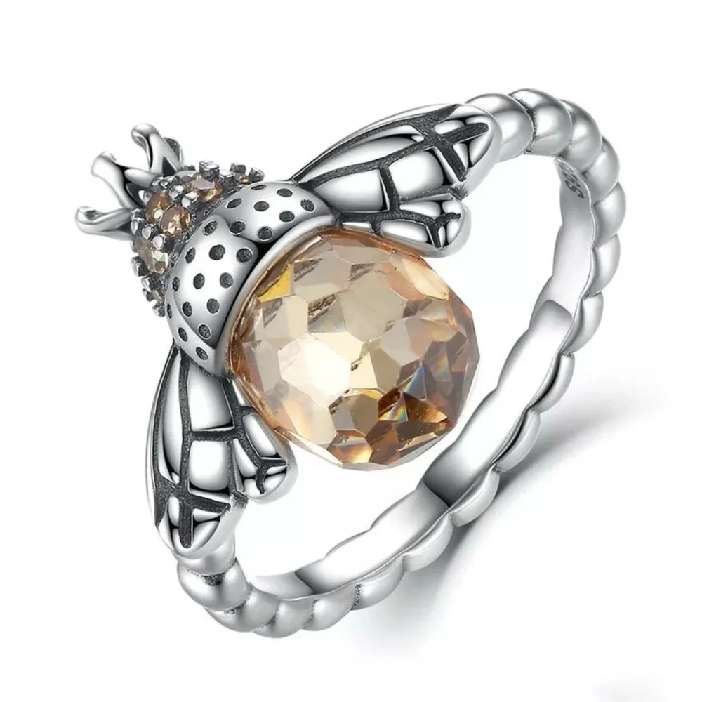 Elegant Silver and Amber Honey Bee Ring
